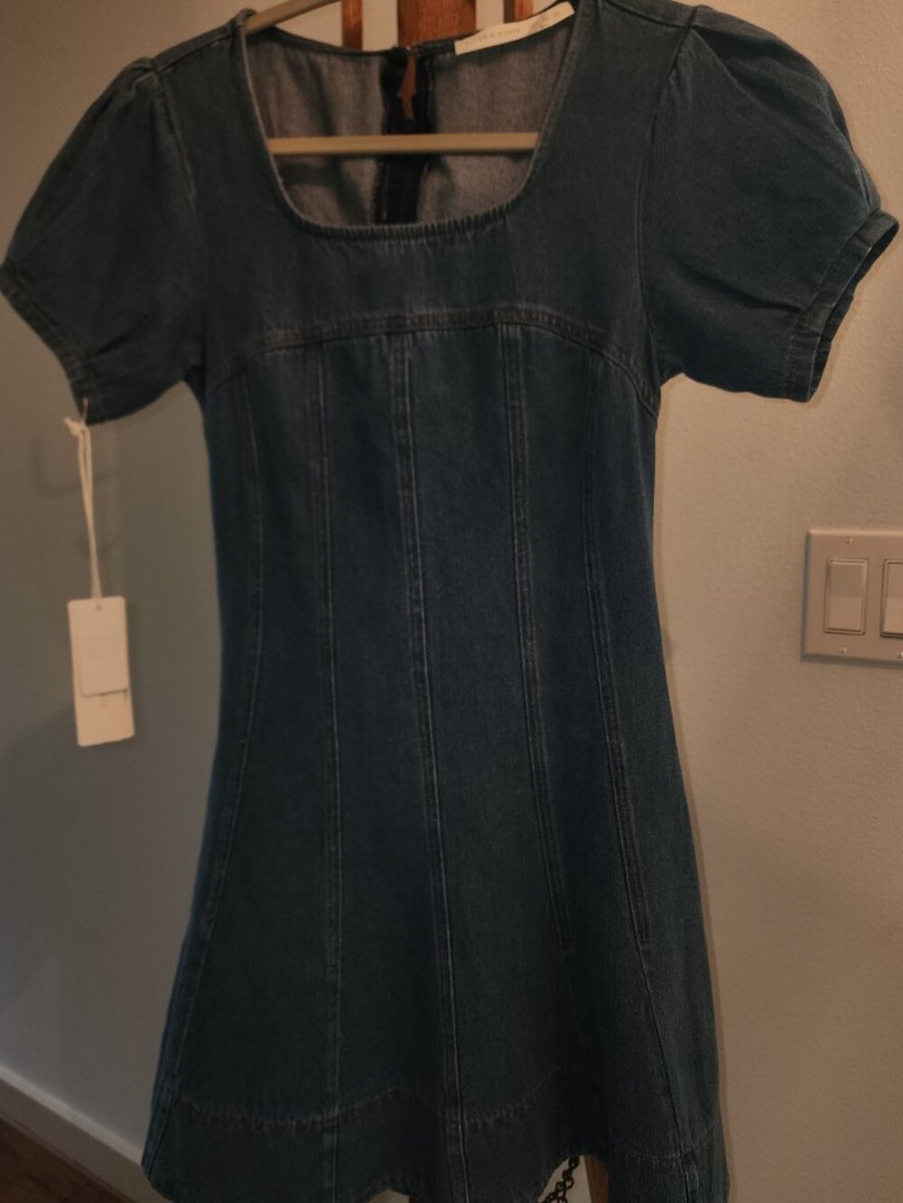Altar’d X Small Dark Denim Dress – Empire Waist, Contoured Stitching, Back Zip - Picture 1 of 11